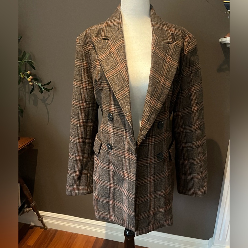 Moon River Brown Plaid Double-Breasted Blazer